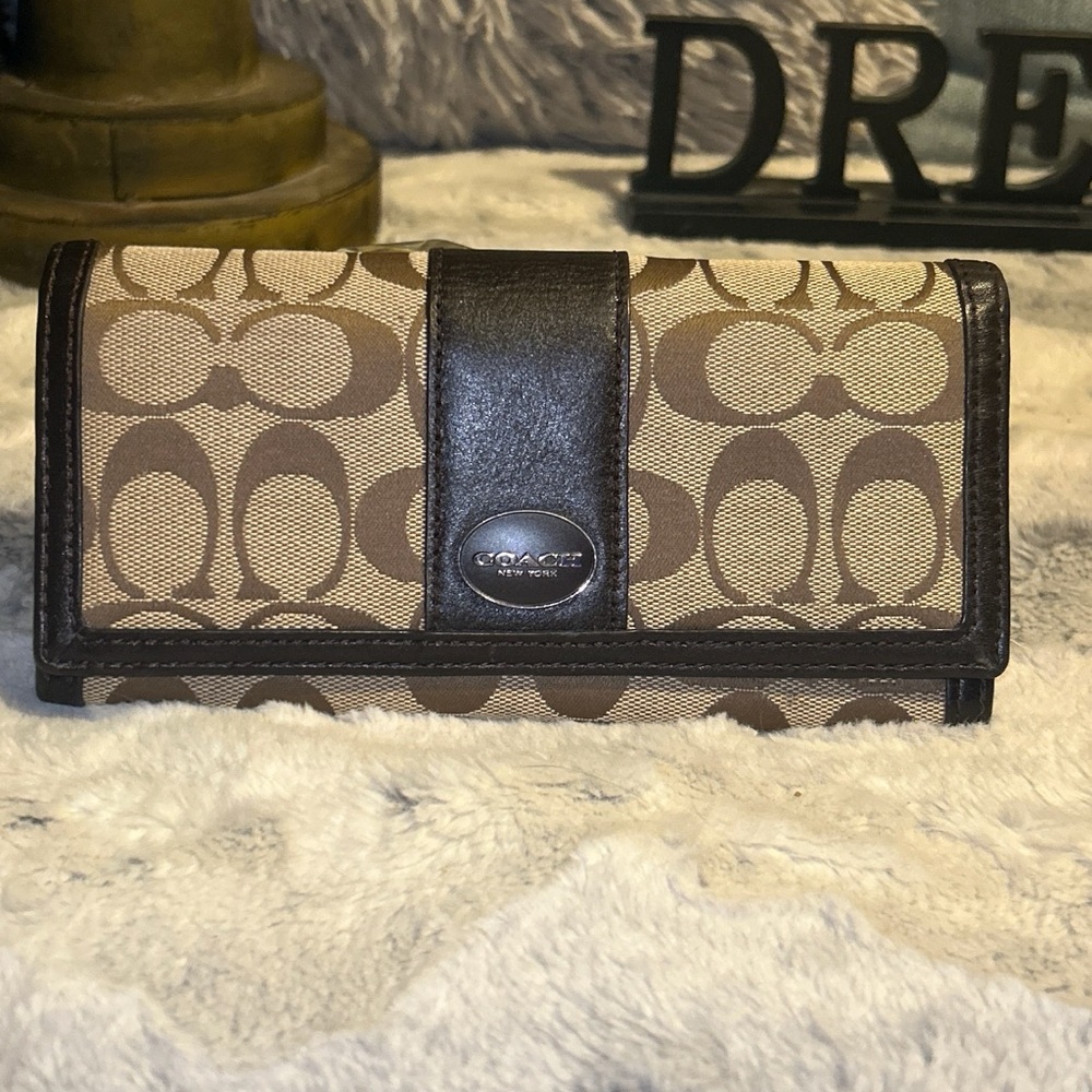 Coach Legacy Signature Checkbook Wallet (Brown Canvas and Leather)